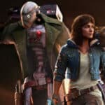 Woman, robot, and creature in futuristic adventure setting.