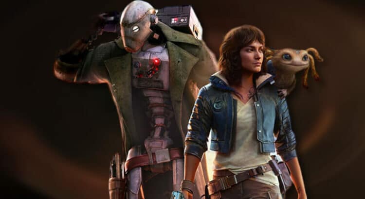 Woman, robot, and creature in futuristic adventure setting.