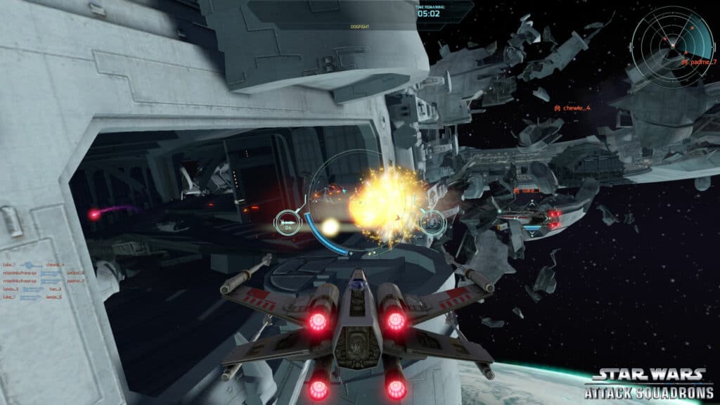 A breathtaking space battle from 'Star Wars: Attack Squadrons,' featuring iconic ships like the X-Wing and TIE Fighter engaging in thrilling dogfights across familiar Star Wars locations.