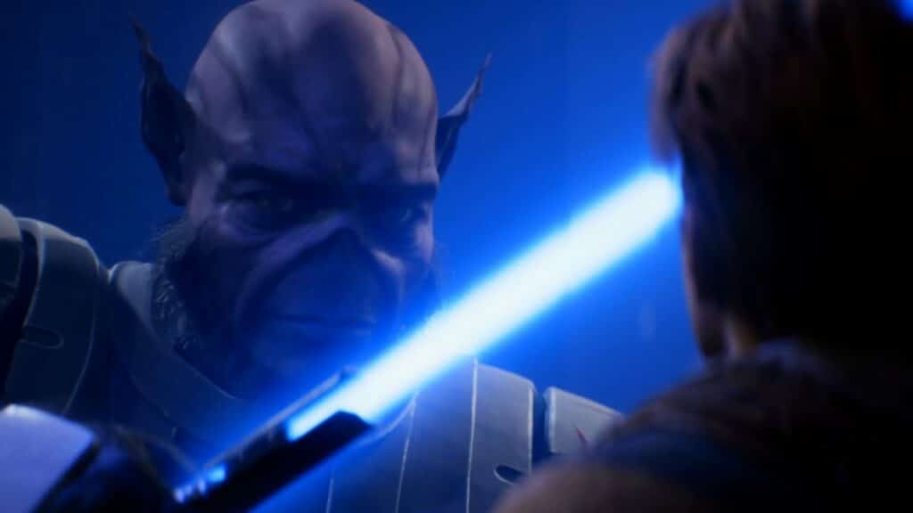 Alien and human in dramatic lightsaber duel.