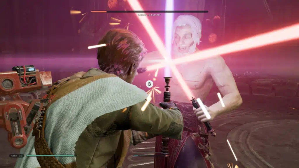 Intense lightsaber duel in video game scene.