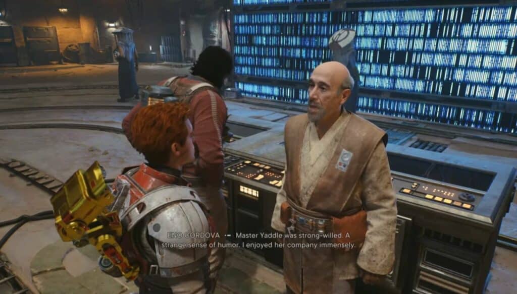 Characters discussing in futuristic control room.