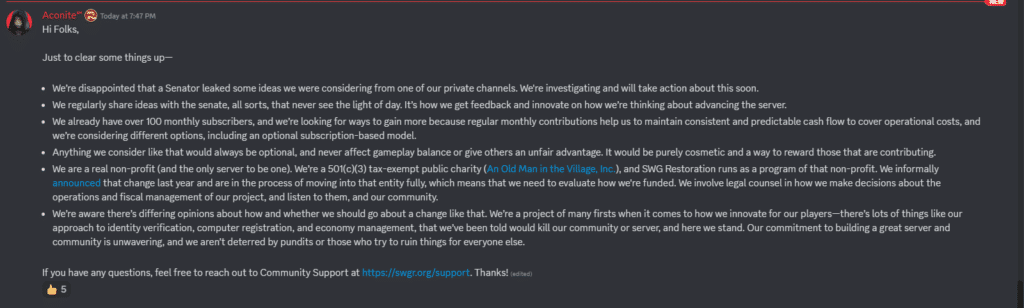 Screenshot of a community update message on Discord.