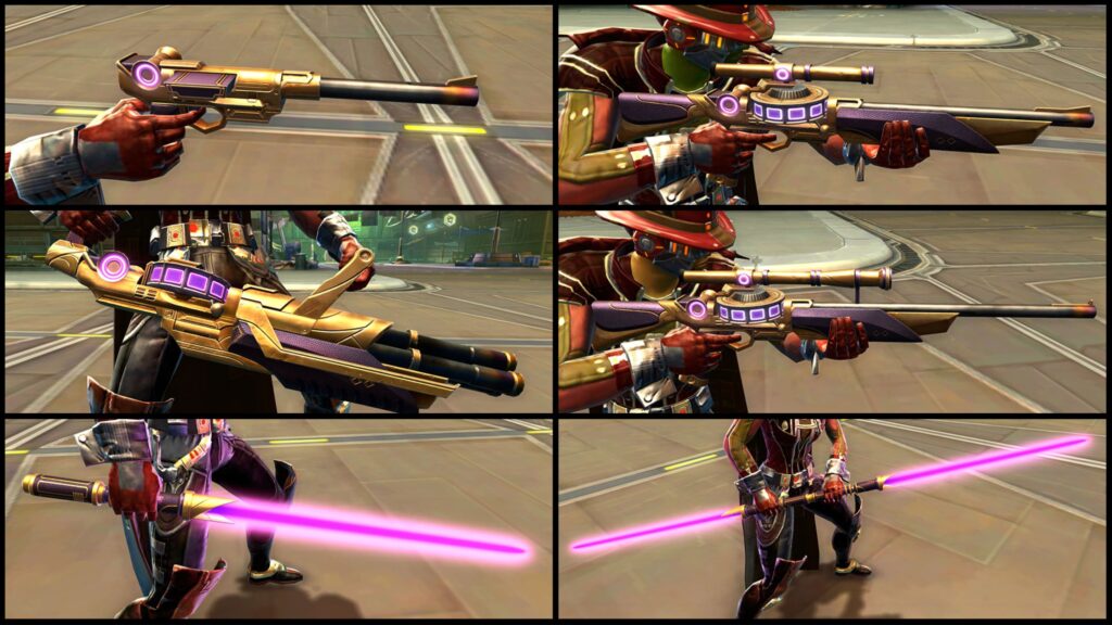 High Roller Weapons. From left to right bottom: High Roller Blaster Pistol, High Roller Blaster Rifle, High Roller Cannon, High Roller Sniper Rifle, High Roller Lightsaber, and High Roller Lightstaff.