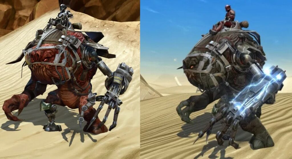 Mechanical war beasts traversing desert landscape