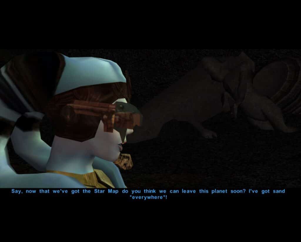 Reminder that KotOR released over a year after Attack of the Clones.

I always assumed this was a play on Anakin’s line: ‘I don’t like sand…it gets everywhere.’