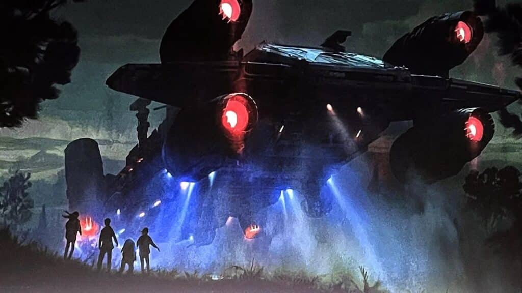 Spaceship landing in forest at night, people observing.