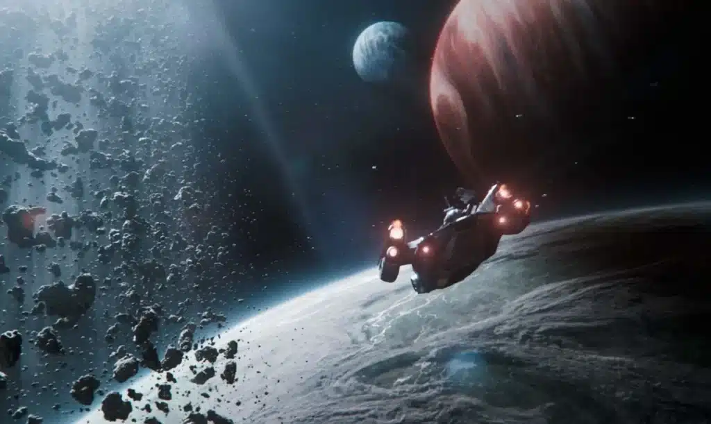 Spaceship navigating through asteroid belt near planets