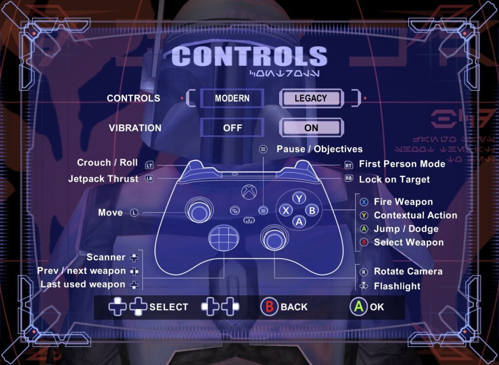 The Legacy controls bring a nostalgic touch, mimicking the feel of classic Star Wars: Bounty Hunter gameplay from its original release.