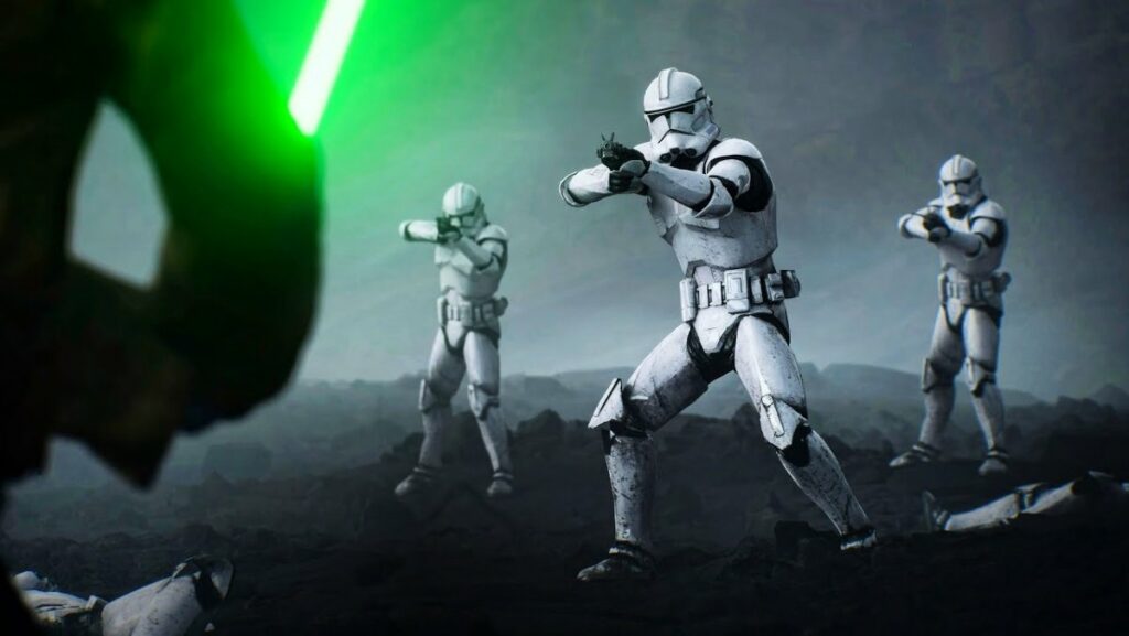 Clone troopers battling with green lightsaber in background