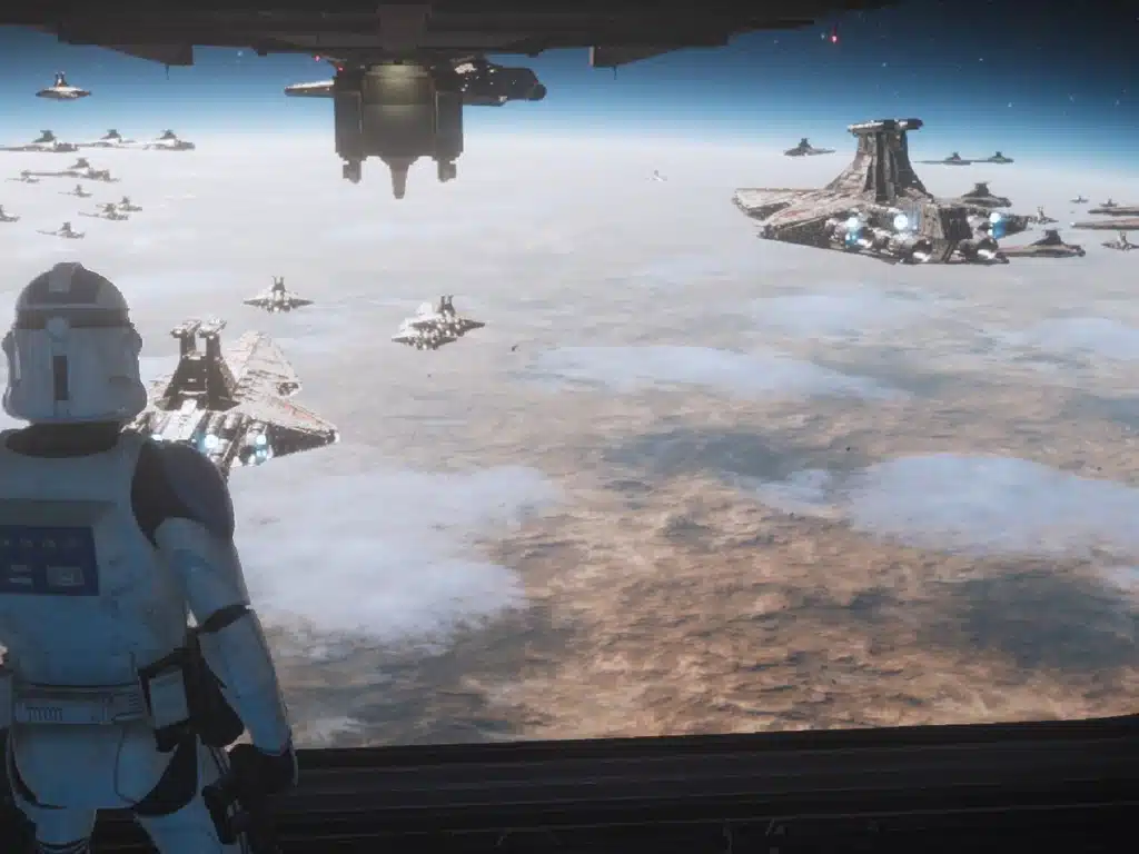 Clone trooper watching starships over cloudy planet