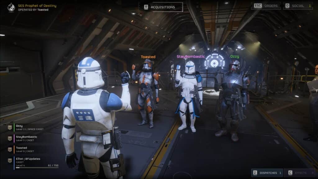 Video game characters in sci-fi spaceship hangar.