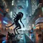 Xenomorph-like creature causing chaos on Coruscant. The scene captures the tension and fear as the creature prowls the futuristic city