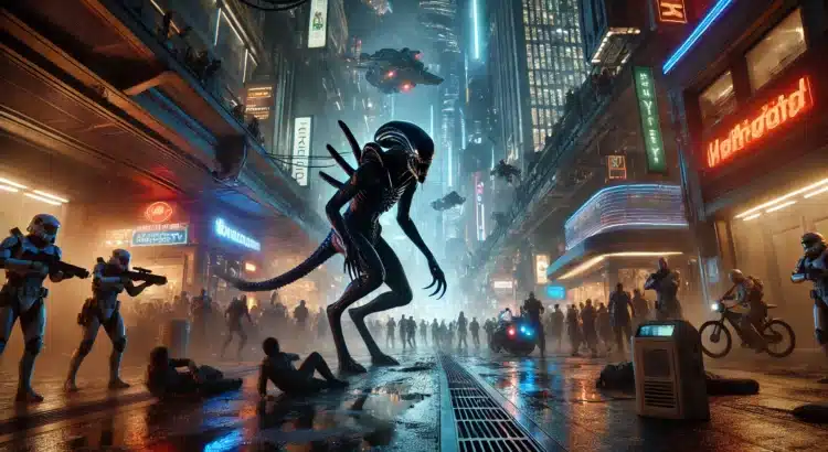 Xenomorph-like creature causing chaos on Coruscant. The scene captures the tension and fear as the creature prowls the futuristic city