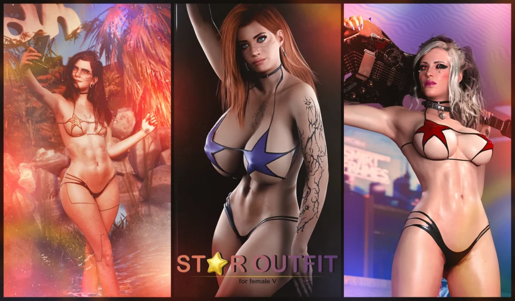 Add bold style to your game with the Sexy Female Star Outfit mod for Cyberpunk 2077. Download now and customize your look in Night City with this striking outfit.