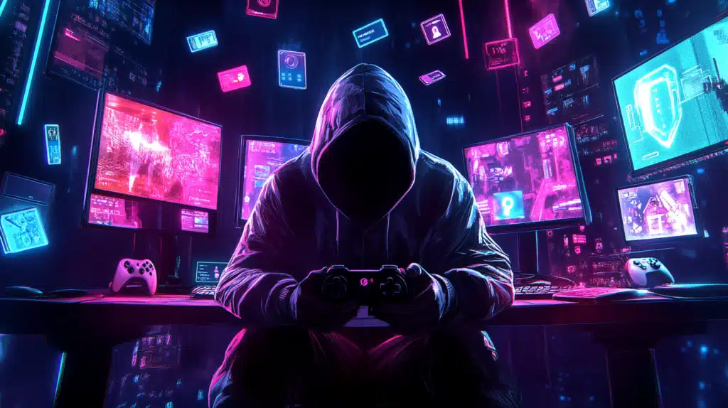 A hooded hacker in a dark room lit by glowing computer screens, with digital icons of game controllers, credit cards, and padlocks floating around, symbolizing cybersecurity threats in online gaming.