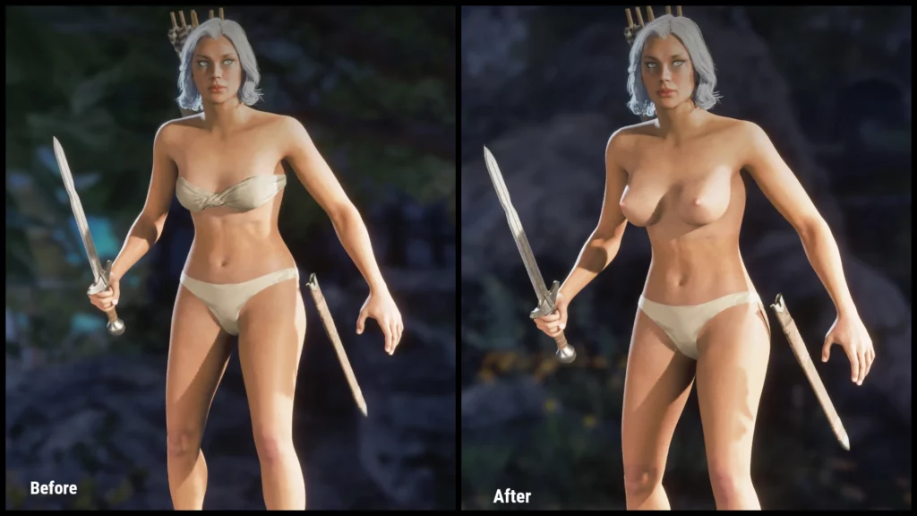Explore the Topless Nude Mod for Oblivion Remastered, featuring big breasts and custom underwear for most races. NSFW mod details, visuals, and download guide.