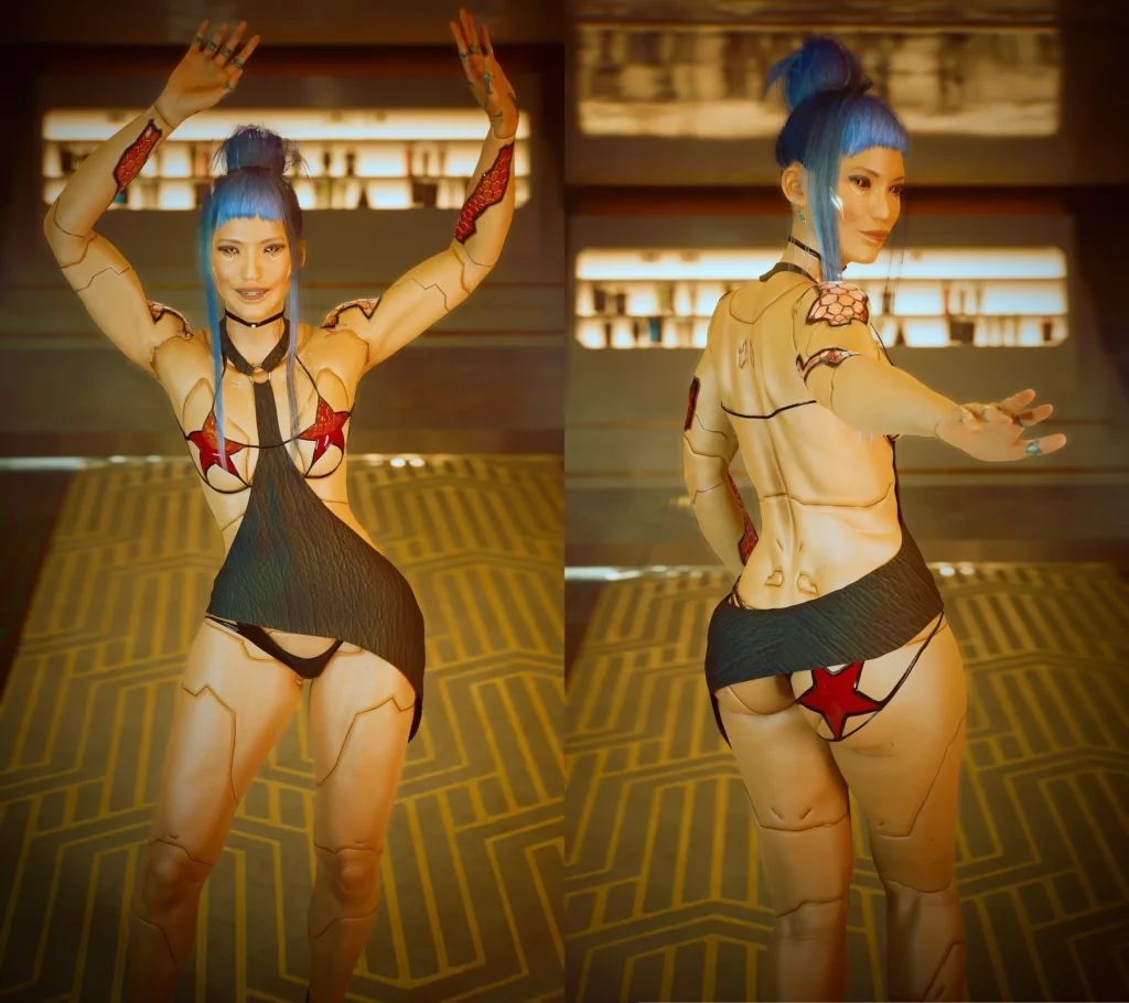 Add bold style to your game with the Sexy Female Star Outfit mod for Cyberpunk 2077. Download now and customize your look in Night City with this striking outfit.
