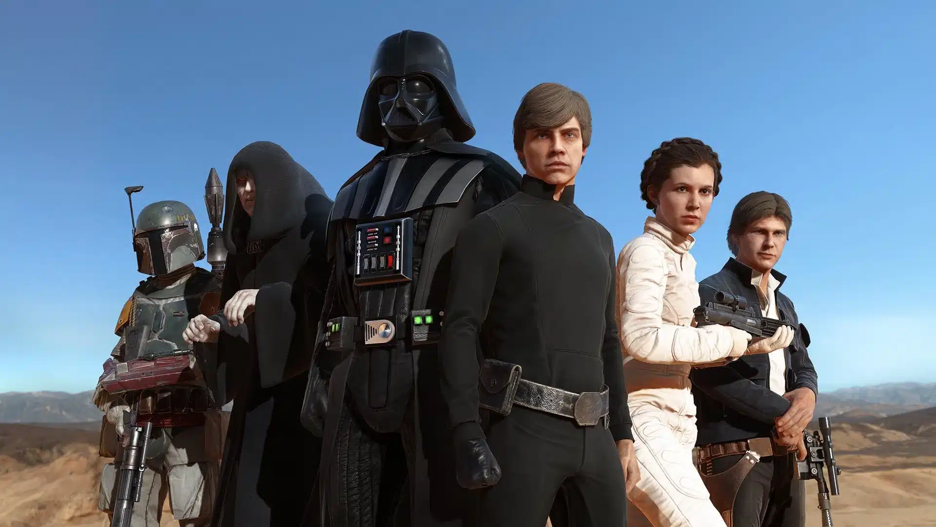 Star Wars heroes and villains lineup in Battlefront II