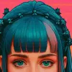 Stylized illustration of a girl with teal hair and palm trees