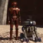 HK-47 and T3-M4 standing side-by-side in Starfield desert environment