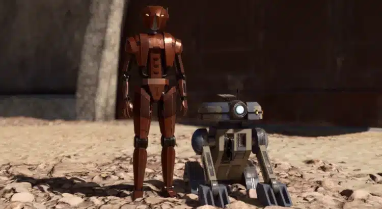 HK-47 and T3-M4 standing side-by-side in Starfield desert environment