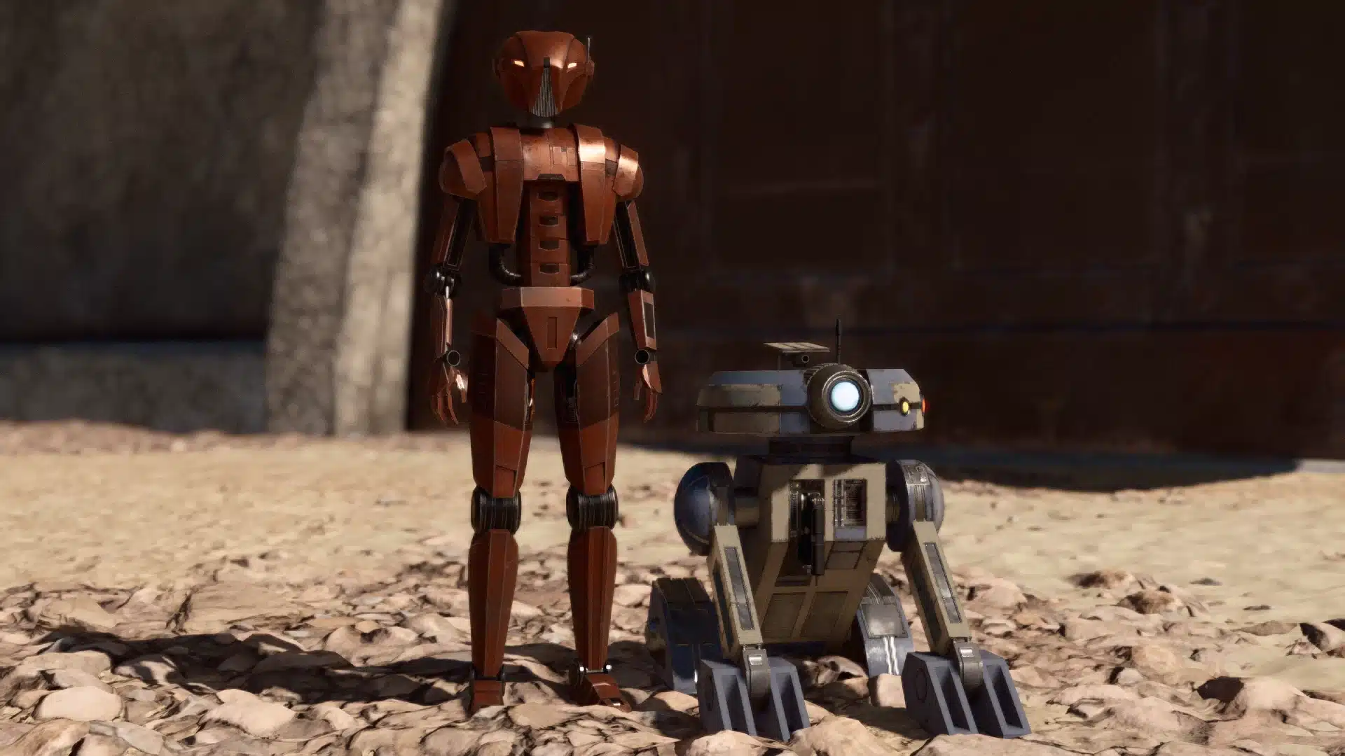 HK-47 and T3-M4 standing side-by-side in Starfield desert environment