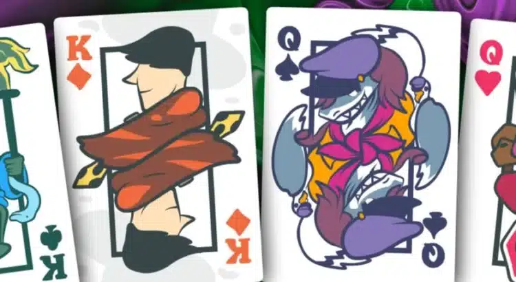 Four Balatro GodGame TTRPG face cards featuring stylized kings and queens over a purple swirling background.