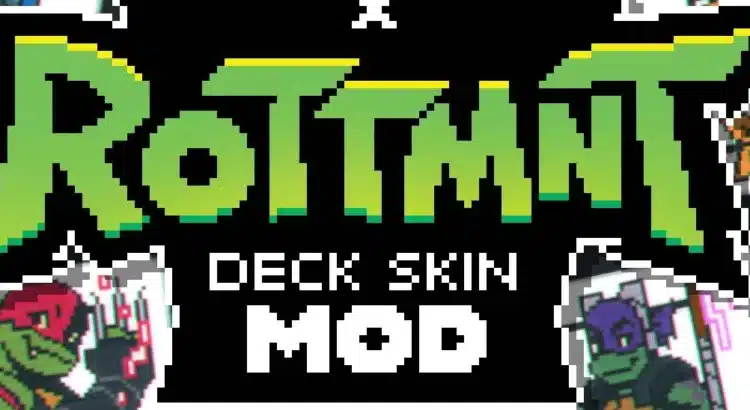 Title screen of the Balatro Rise of the TMNT Deck Skin Mod featuring pixel art turtles and characters.