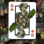 Hades-themed playing cards from Balatro showing pixel art of King, Queen, and Jack of Diamonds.