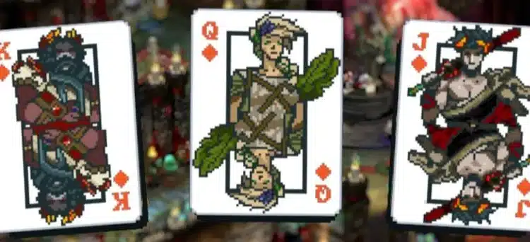 Hades-themed playing cards from Balatro showing pixel art of King, Queen, and Jack of Diamonds.