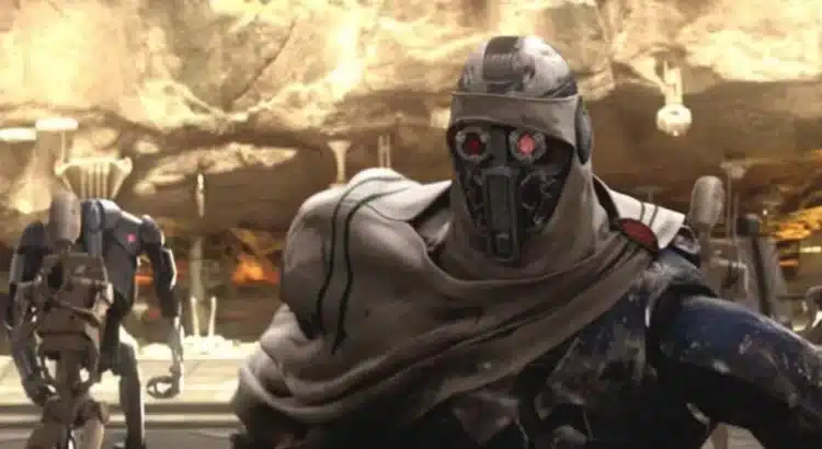IG-100 MagnaGuard leading battle droids in Star Wars cave base