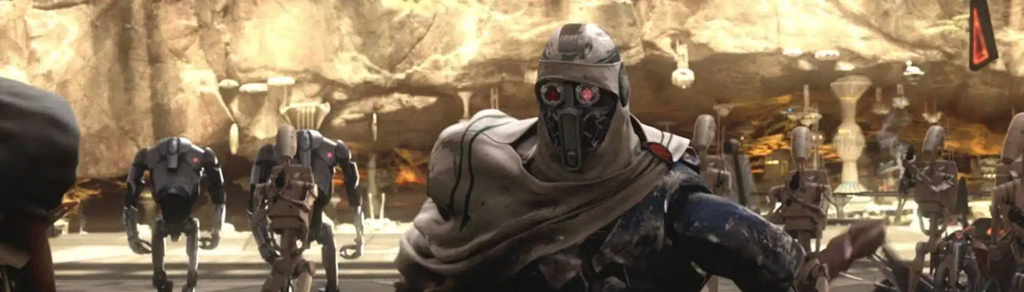 IG-100 MagnaGuard leading battle droids in Star Wars cave base