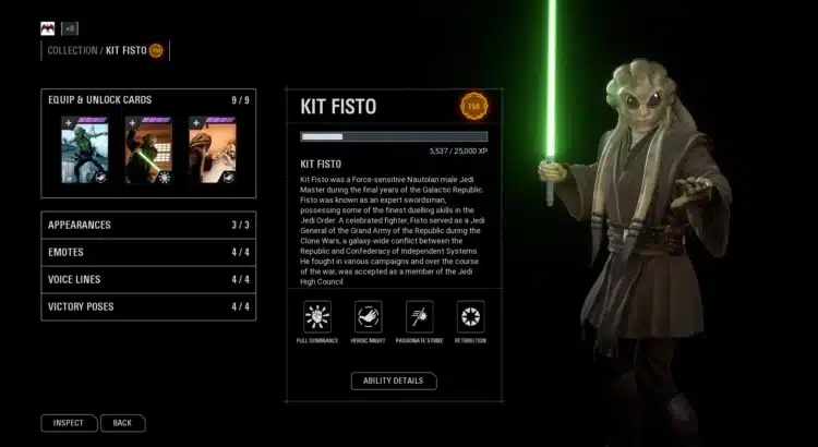 Kit Fisto character profile and ability screen in Star Wars Battlefront II