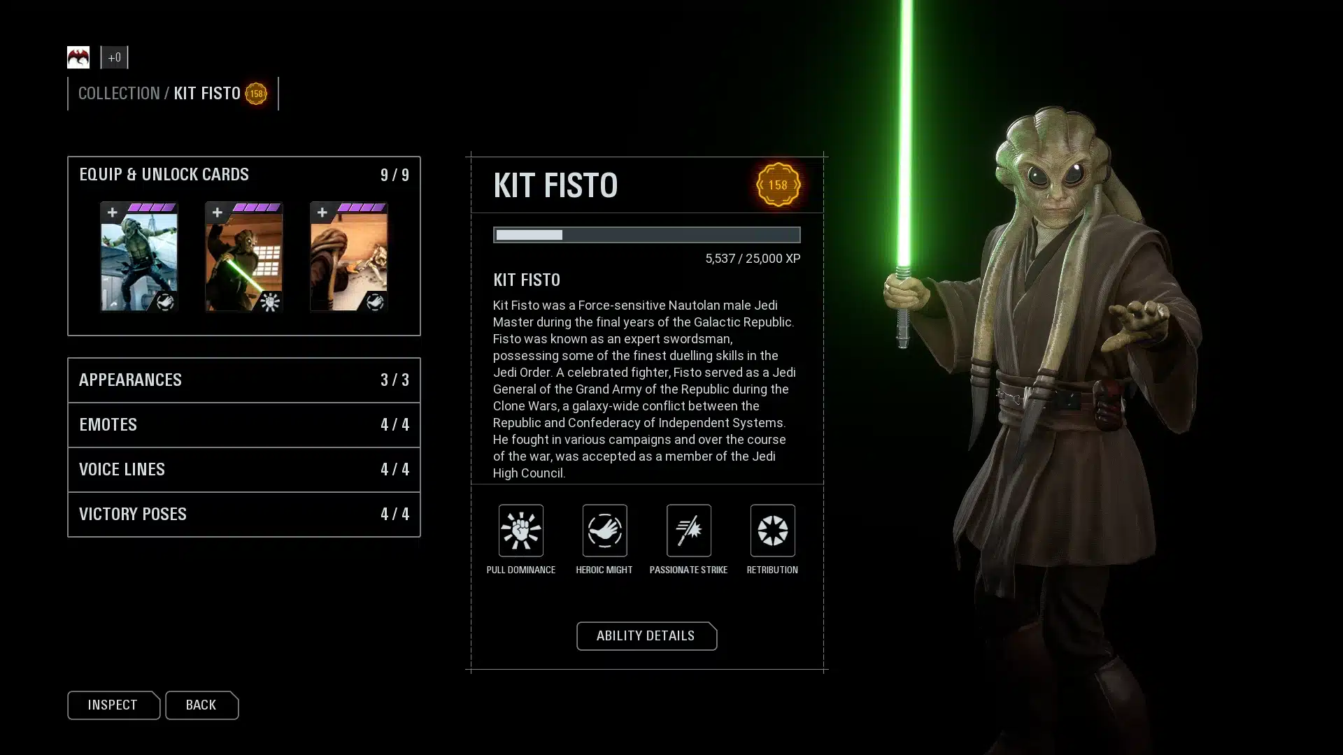 Kit Fisto character profile and ability screen in Star Wars Battlefront II