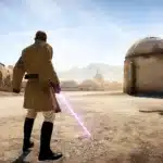 Mace Windu overlooking Tatooine with purple lightsaber in hand