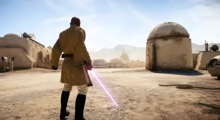 Mace Windu overlooking Tatooine with purple lightsaber in hand