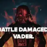 Battle Damaged Darth Vader in flames with bold title