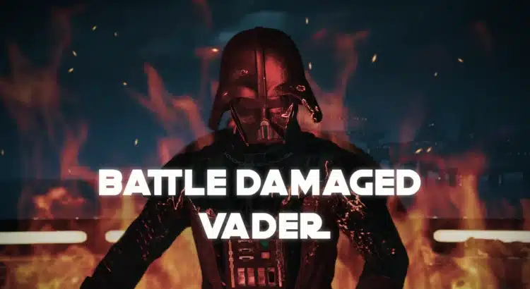 Battle Damaged Darth Vader in flames with bold title