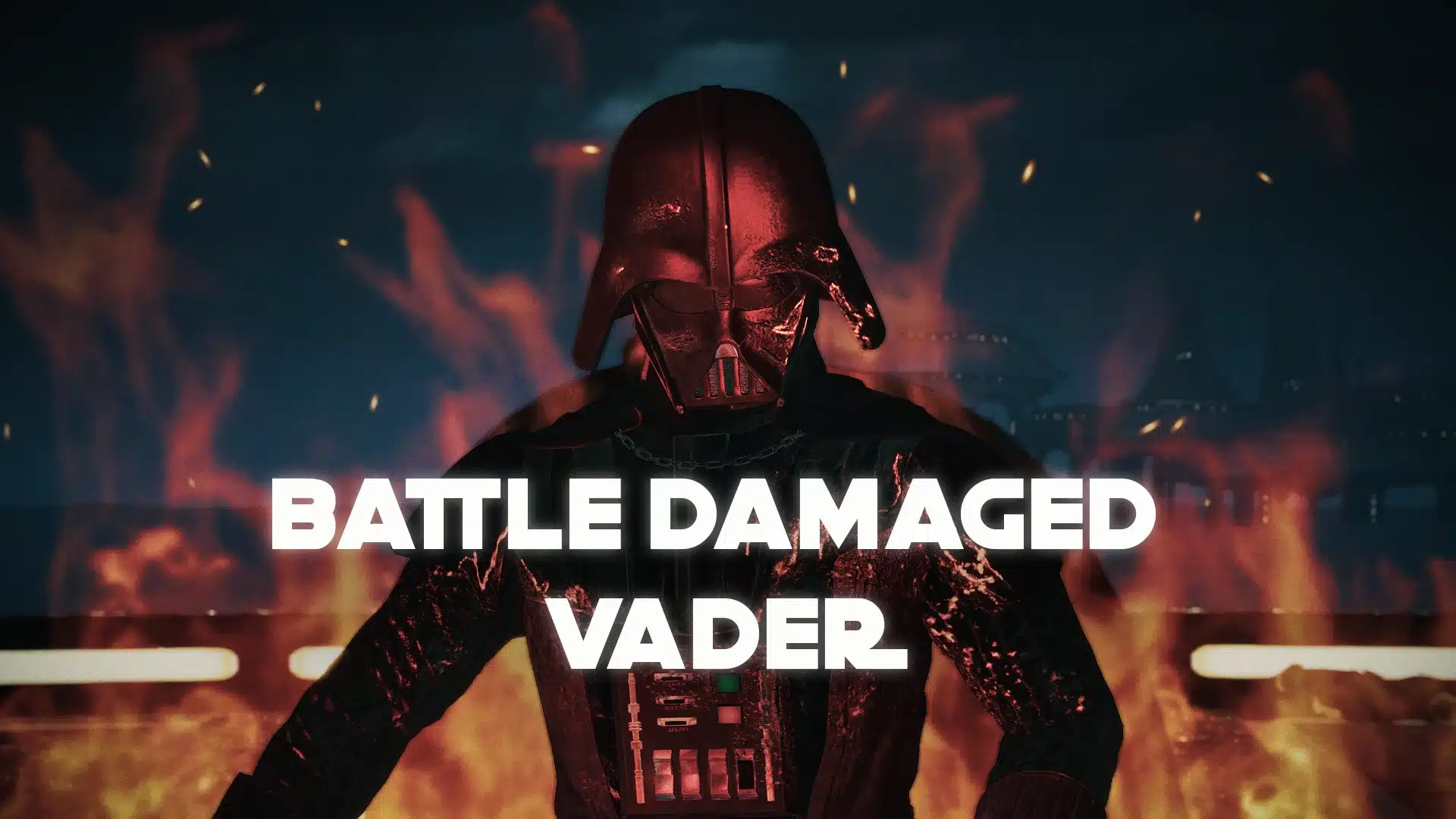 Battle Damaged Darth Vader in flames with bold title