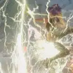 Lune unleashing electric energy in a stylish outfit while surrounded by enemies