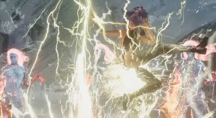 Lune unleashing electric energy in a stylish outfit while surrounded by enemies
