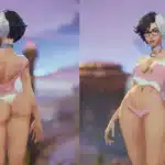 Front and back view of Luna Snow in pink underwear mod in Marvel Rivals