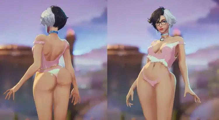 Front and back view of Luna Snow in pink underwear mod in Marvel Rivals