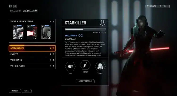 Starkiller character overview in Star Wars Battlefront II mod menu