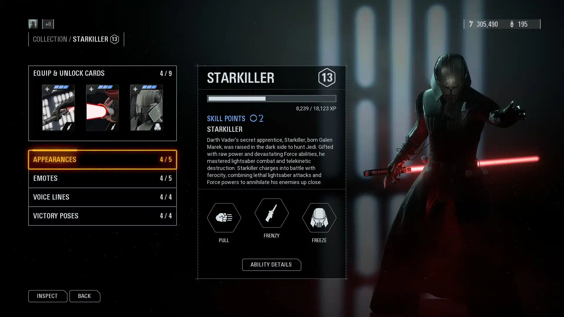 Starkiller character overview in Star Wars Battlefront II mod menu