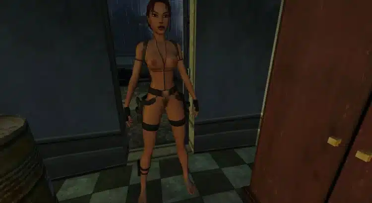 Lara Croft in a nude-style tactical mod outfit in dark room