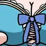 Cartoon-style close-up of a blue lace-up outfit with cleavage