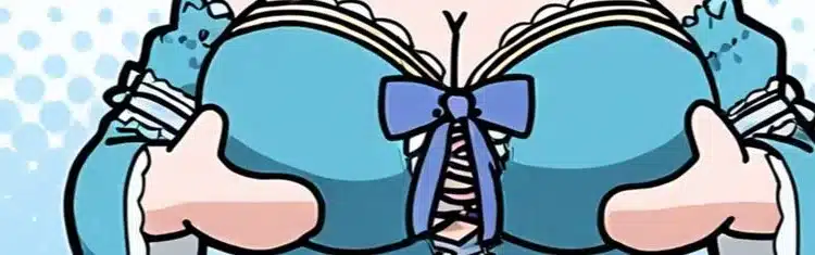Cartoon-style close-up of a blue lace-up outfit with cleavage