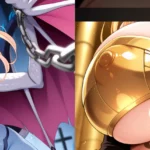 NSFW anime-style dragon girl with fiery horns and chains